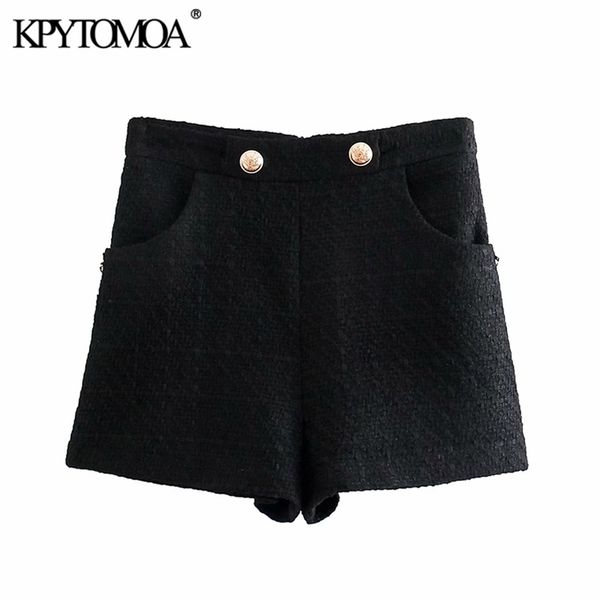 

women chic fashion side pockets buttons tweed bermudas shorts vintage high waist back zipper female short femme 210421, White;black