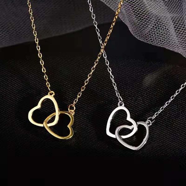 

pendant necklaces vintage hollow heart drop for women simple gold color double love clavicle chain fashion charm couple pendants jewelry, Silver