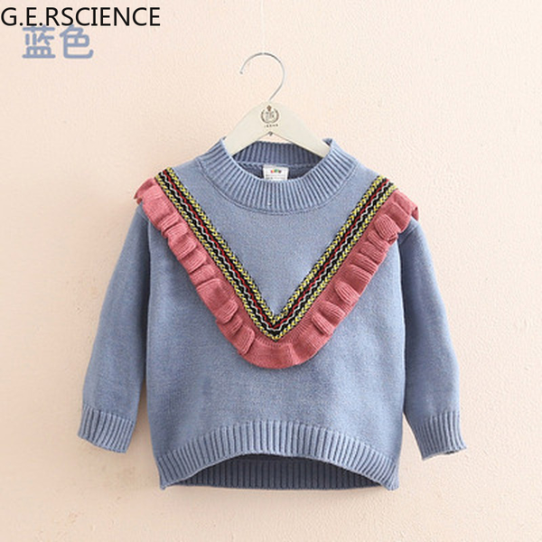 

2022 spring and autumn childrens o-neck knitted pullover cotton ruffled patchwork baby girl sweater, Blue