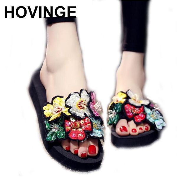 

summer slippers women fashion flip flops beach platform sandals ladies handmade flowers shoes woman pantoufle femme, Black
