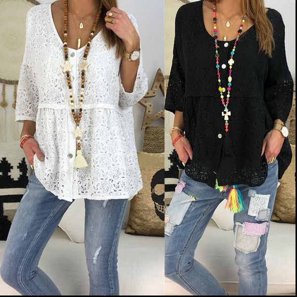 

plus size lace crew neck women shirts button solid color, White
