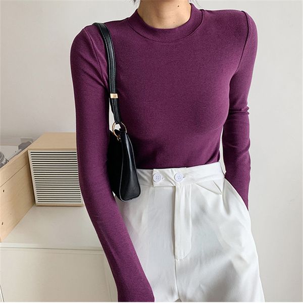 

female cotton all match solid basic women autumn brief warm minimalist slim full sleeves plus size t-shirts 210421, White