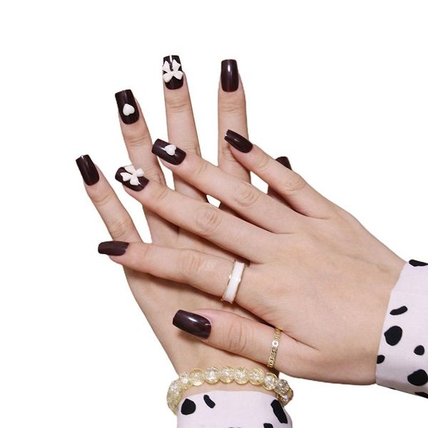 

false nails fake medium and long dark brown nail stickers finished 24 with glue dw, Red;gold
