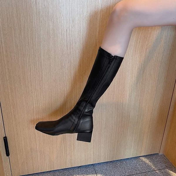 

boots krazing pot square toe keep warm solid stretch boots elegant zipper comfortable casual party knee-high l37 p8w3, Black