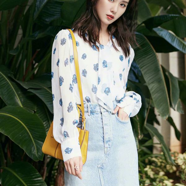 

autumn bow sleeve printing flower sleeves elegant mulberry silk shirt temperament women of quality, White;black