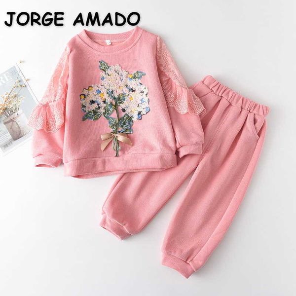 

spring teenager girls 2-pcs sets floral sweatershit + solid color jogger sports pants children clothes e885 210610, White