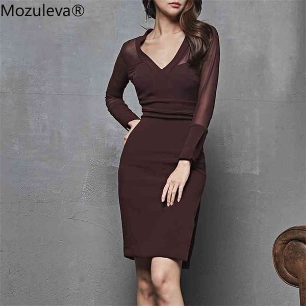 

v-neck hollow-out women party ol style full sleeve female pencil mid-length workwear dress spring 210416, White