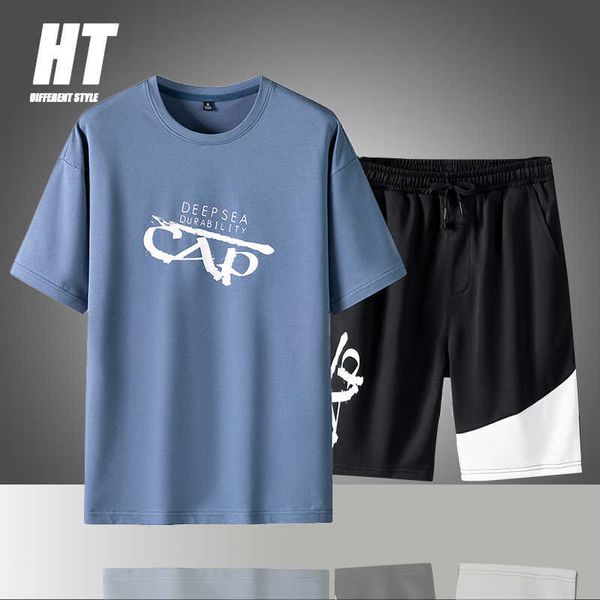 

letter print short set men summer tracksuits men 2 piece t-shirt+sportshort casual fashion jogging fitness male sportswear suit 210603, Gray