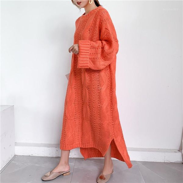 

casual dresses 2021 autumn/winter super long bright color fashion sweater retro twist knit pullover loose split temperament women's wea, Black;gray