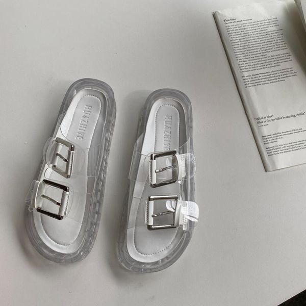 

slippers women jelly shoes clear heel flat beach slides buckle strap slip-on transparent sandals, Black