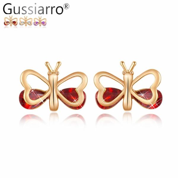 

stud gussiarro butterfly shape cute earring vintage ear micro cz for women bridal wedding party jewelry gift box, Golden;silver