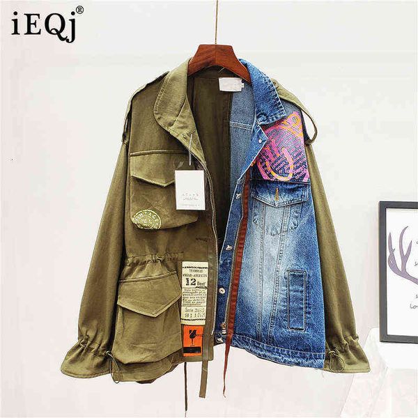 

[ieqj] 2022 spring autumn lapel long sleeve fake two piece denim patchwork vintage coat women jacket women ah65009l 220118, Black;brown