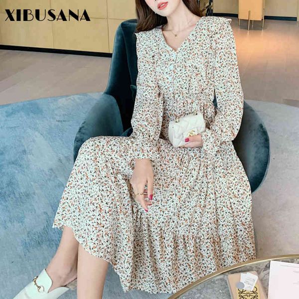 

chic retro floral printed chiffon dress women spring long sleeve v-neck female casual midi dresses a-line vestido 210423, Black;gray
