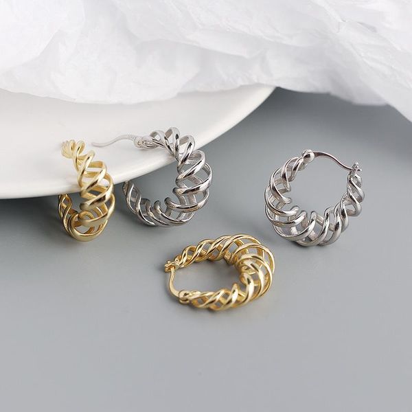 

hoop & huggie 925 sterling silver earring fashion hollow torsion spring ear ring round bead temperament trend woman girl jewelry, Golden;silver