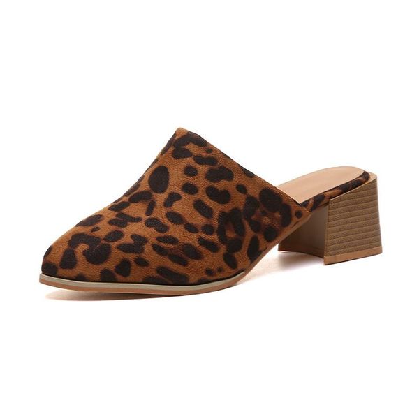 

slippers ladies shoes fashion pointed leopard big size baotou sandals casual thick heel women's and muller, Black