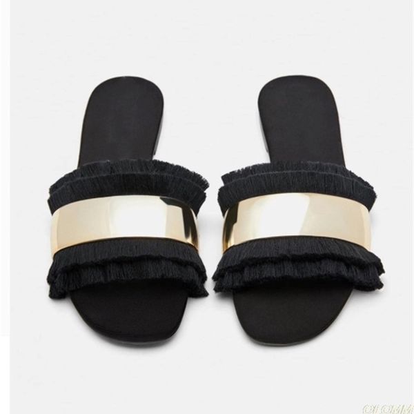 

official website 70% off outlet cozy women rhinestone slippers fashion metal bling fur fringe flip flops summer flat slides outside ladies s, Black