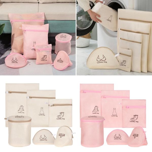 

6pcs/set beige mesh laundry bag dirty clothes underwear bra socks lingerie wash for washing machine home storage bags
