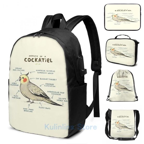 

backpack funny graphic print anatomy of a cockatiel usb charge men school bags women bag travel laptop