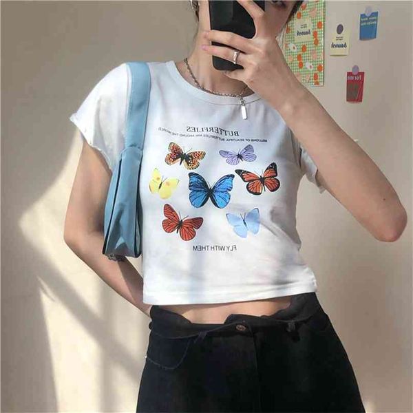 Mode Graben Schmetterling Gedruckt Cropped Tops T-shirts Frauen Kurzarm Lose Beiläufige Damen Mädchen Sommer 210601