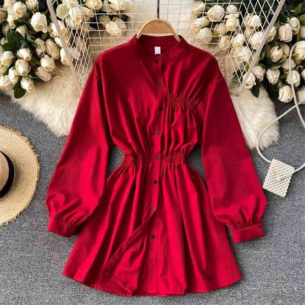 

spring fashion shirt vestidos female folds slim puff sleeve temperament small stand-up collar solid color mini dress c294 210507, Black;gray