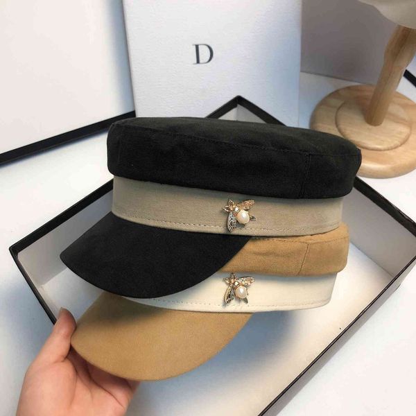 

designer candy color matching pure cotton navy cap little bee octagonal cap female nis simple duck tongue beret, Black;white
