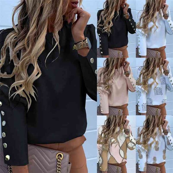 

work wear women blouses long sleeve back metal buttons shirt casual o neck printed plus size fall blouse drop shipping 210426, White