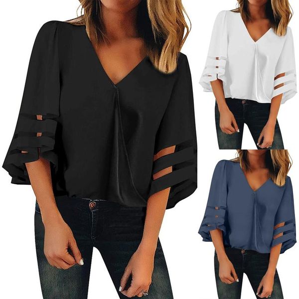 

women's blouses & shirts women blusas halter chiffon blouse v neck mesh panel 3/4 bell sleeve cross casual loose shirt vetement fem, White