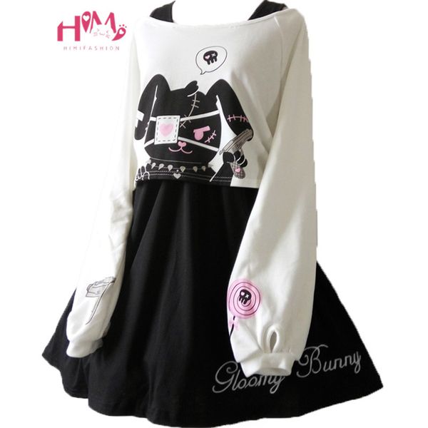 

japanese kawaii bunny rabbit lolita dress cute comic black two piece set cosplay long sleeve casual loose girl mini dresses, Black;gray