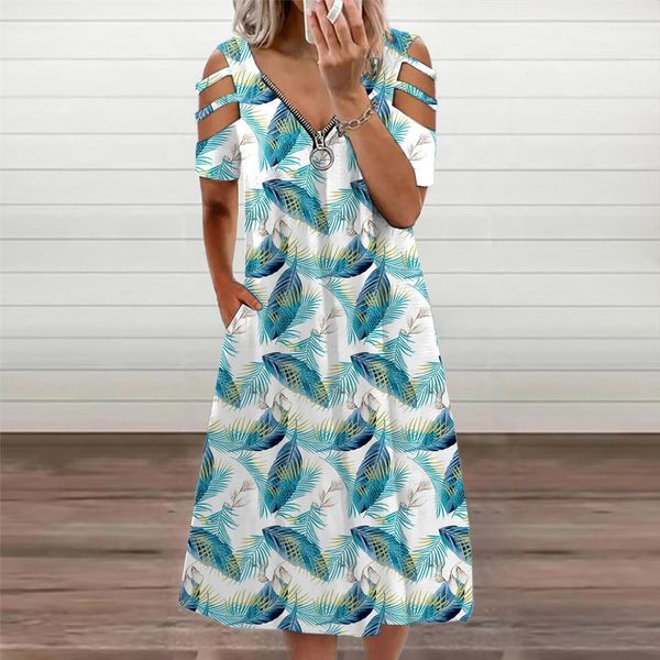 

40 floral print summer women dresses v neck casual zipper sundresses hollow out short sleeve vestidos, Black;gray