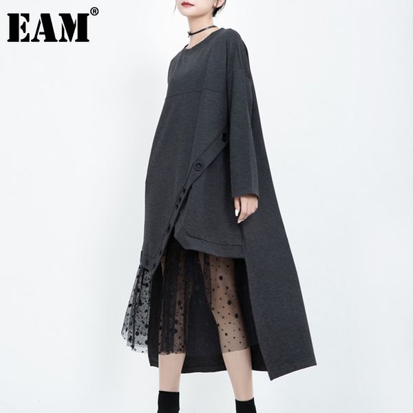 

[eam] women dark gray mesh irregular big size dress round neck long sleeve loose fit fashion spring autumn 1db813 21512, Black;gray