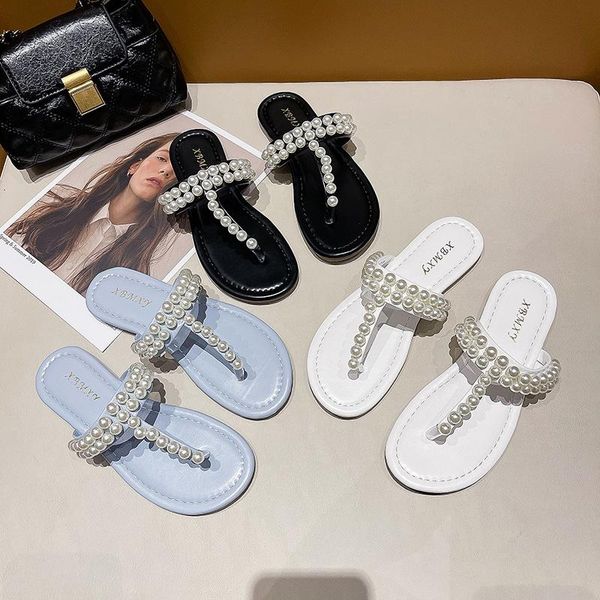 

slippers women 2021 summer fashion pearl flat shoes woman flip flops round toe plus size casual sandals slides beach, Black
