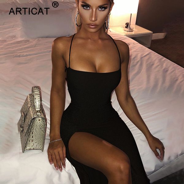 

2021articat long backless maxi dress women spaghetti strap high split bodycon bandage summer dress elegant slim party dress vestidos, Black;gray