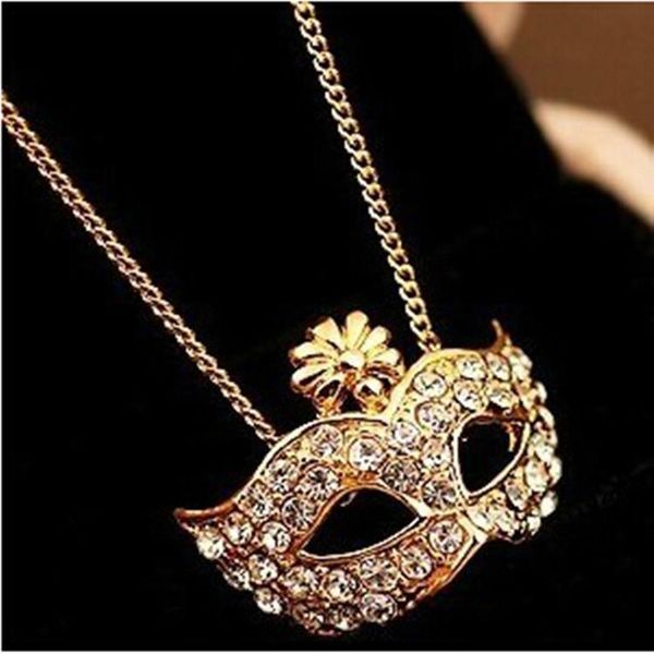 

pendant necklaces lady retro style charm rhinestone inlaid flower masquerade mask clavicle chain necklace female collier collares, Silver