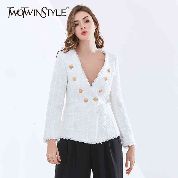 Twotwinstyle patchwork borla blazers para mulheres v pescoço manga comprida solta mais tamanho branco casacos feminino outono roupas 210517