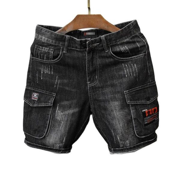 

men's jeans summer streetwear cargo denim shorts fashion brand retro multi-pocket short pants casual trend masculino, Blue