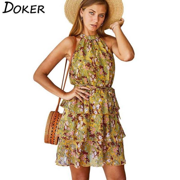 

summer off shoulder floral mini sundres plus size sleeveless fashion casual boho becah chiffon dress femme vestidos 210604, Black;gray