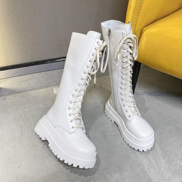

boots 2021 fashion lace-up knee-high for women autumn chunky white casual round combat platform ladies shoes, Black