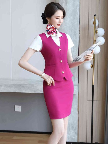 

dress red rose woman single suit breasted blazer sleeves and above knee mini skirt 2 piece set for the lady in uniform design office, White