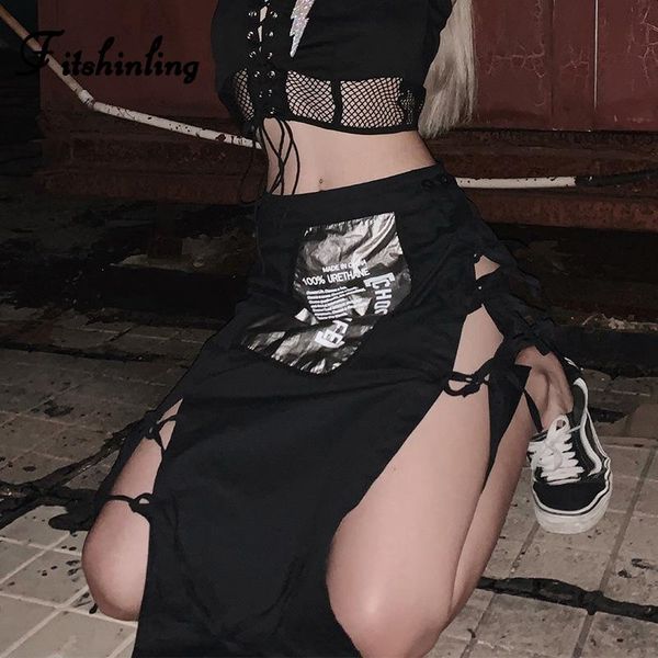 

skirts fitshinling goth dark patchwork women high waist split strappy black skirt femme grunge punk cotton faldas