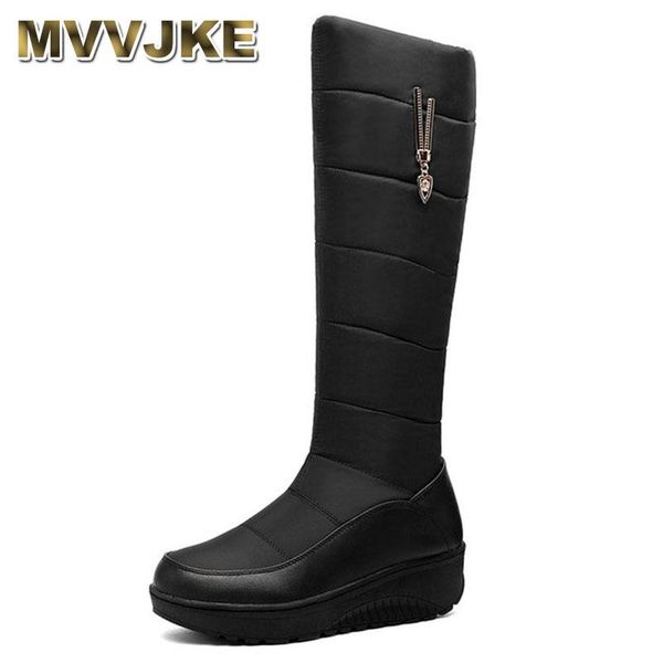 

boots mvvjke2021 snow down pu leather wedge heel women shoes round toe winter keep warm zipper mid calf big size 35-43, Black