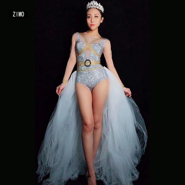 

drag queen fashion silver rhinestone bodysuit women white mesh tail birthday party outfit singer dance costumes stage rave women's jump, Black;white