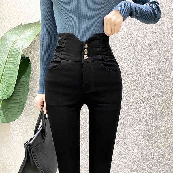 

slim pants high waist elastic plus velvet thick black leggings women's pencil womans clothing 208c 210420