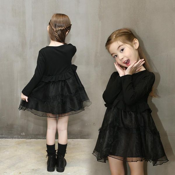 

girl's dresses cotton girls long-sleeved dress 2021 winter lace waist children's kids princess clothing black robe hiver fille, Red;yellow
