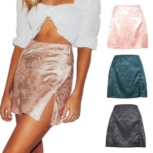 

skirts women's vintage mini high waist zipper skirt summer fashion female solid color jacquard satin split pencil, Black