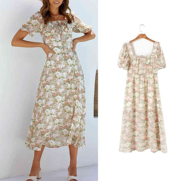 

casual dresses 2021 ladies spring fashion flowers print dress square collar short sleeve slim receive back slit 74s8, Black;gray