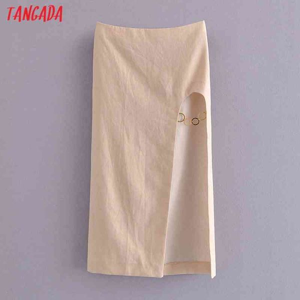 

women beige chain decorate midi skirt faldas mujer vintage back zipper ladies elegant chic mid calf skirts qn92 210416, Black
