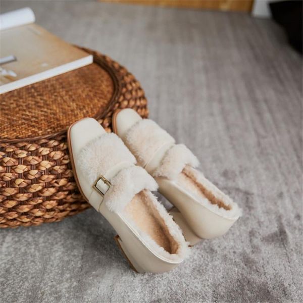 

boots winter women genuine leather wool shoes square toe heel belt buckle slip-on low med(3cm-5cm) warm single, Black