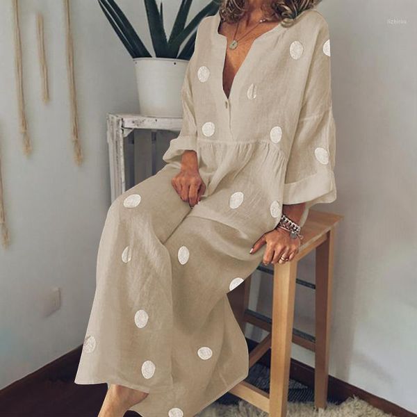 

polka dot maxi dress v-neck long sleeve casual boho beach plus size women fashion elegant button down loose office women's swimwear, White;black