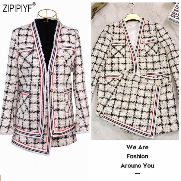 

two piece dress elegant fashion women sets long sleeve v neck pockets single-breasted knitting coats asymmetric hem short plaid skirts z2877, White