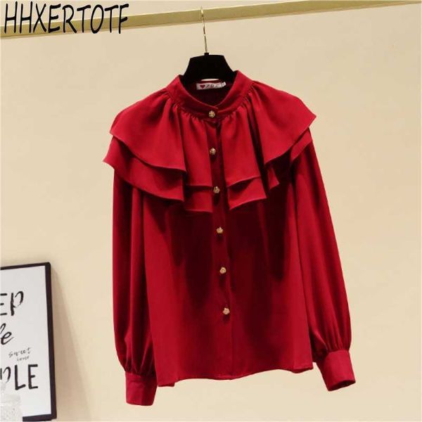 

spring women blouse long sleeves o neck solid fashion frill ruffled 210531, White